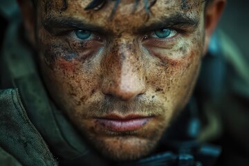 Wall Mural - gritty closeup portrait of a battleworn soldier scars etched across weathered features intense gaze reflects a complex mix of determination and weariness highlighting the human cost of conflict