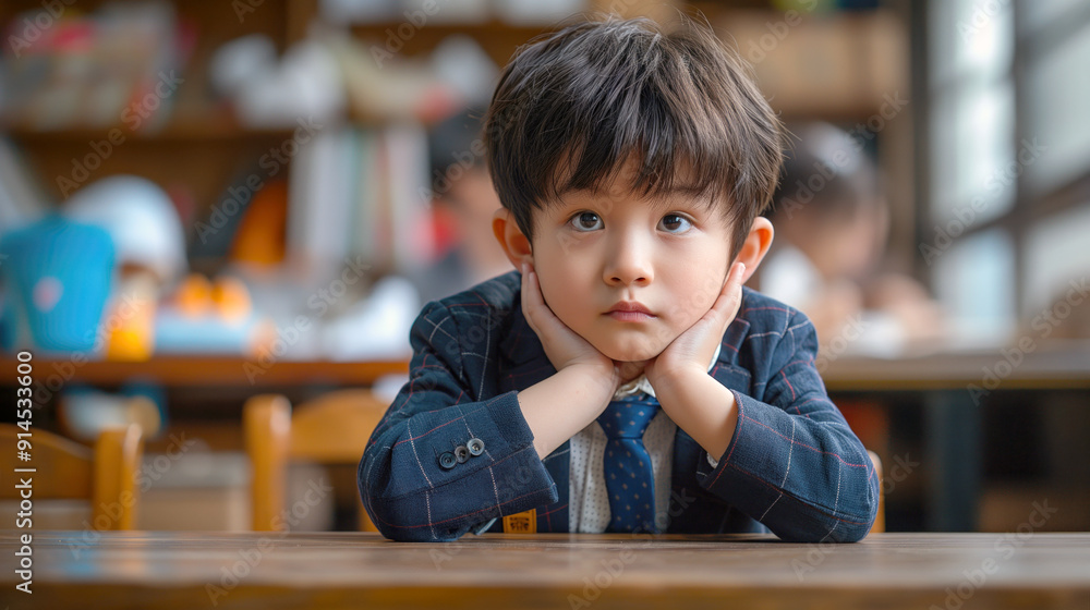 Young Asian boy in a school uniform with a thoughtful expression ...