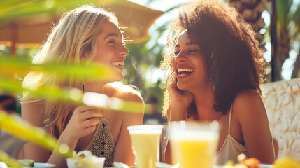 Friends laughing and having breakfast together
