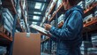 © Mohammed - A person writing on a clipboard placed on a box in a well-organized warehouse with shelves full of items.