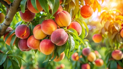 Close-up of ripe peaches hanging on a tree branch with lush green leaves, bathed in sunlight.