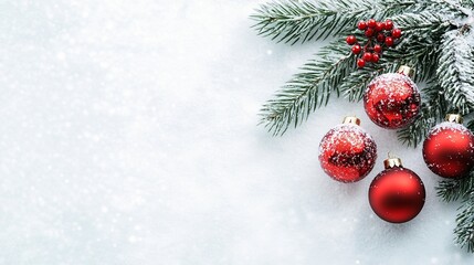 Snow-covered holiday ornaments with green pine.