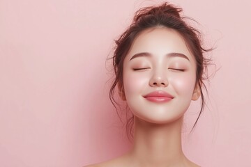 Portrait of a young asian woman over pink background, Copy Space.