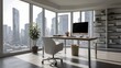 © Arif - Modern office space with a minimalist design, featuring a large white desk positioned near floor-to-ceiling windows that offer a panoramic view of a city skyline. The desk is equipped with a laptop, a