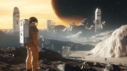 A man in a space suit stands on a rocky planet