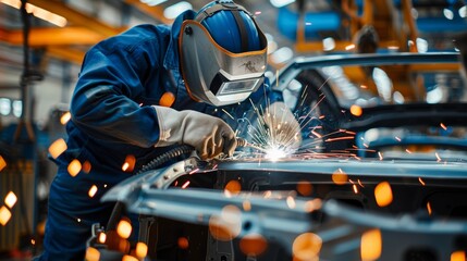 A man in a blue jumpsuit is working on a car, surrounded by sparks and debris