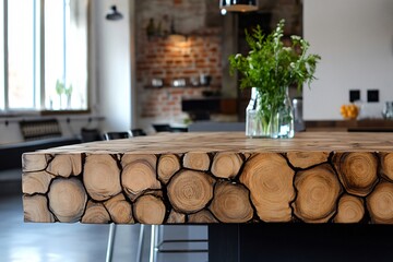 Modern kitchen countertop made from solid wood showing growth rings is illuminated by natural light coming through the window