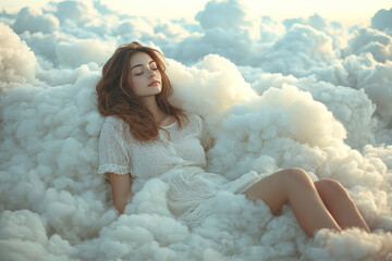 Wall Mural - A Beautiful Woman Sleeping on a Cloud Above a Tranquil Landscape at Sunset.