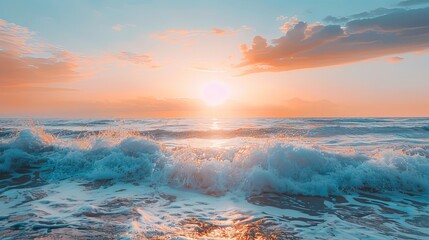 Canvas Print - Breathtaking sunset seascape with gently crashing waves and ample copy space at the top,creating a tranquil and relaxing atmosphere perfect for vacation or travel-themed imagery.