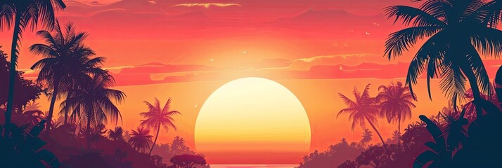 Sticker - Captivating tropical sunset wallpaper featuring silhouetted palm trees against a vibrant sky. Ample copy space at the top for text or graphic overlays.