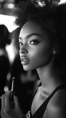 Wall Mural - A black and white photo of a woman holding a makeup brush