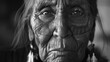 © Johannes - Grayscale portrait of an elderly Native American woman looking at the camera. AI-generated.