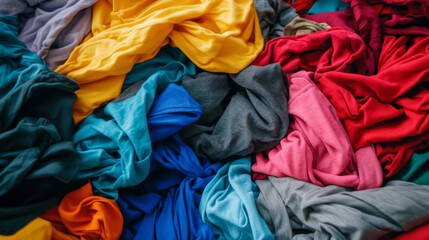 Pile of vibrant cotton clothing lying on an empty area.