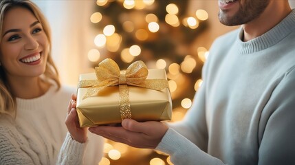 A man and woman holding a gift box in front of a Christmas tree