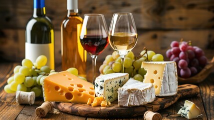 cheese slice grape and red white wineglass and wine bottle on wood table and wood blur wall