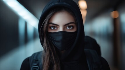 A woman wearing a black hoodie and a black face mask