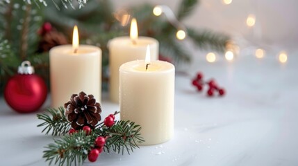 Wall Mural - Candle-themed Xmas decor on white background. Festive home decoration. Celebratory candles. Gift.