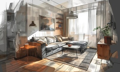 Wall Mural - Realistic sketch of a cozy renovated apartment interior, capturing homely charm