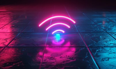 Sticker - Pink and Blue Internet Technology Concept with web symbol as a neon light. Vibrant colored icon, on a black background with high tech floor