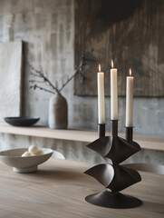 Wall Mural - Modern candlestick holder with burning candles on a wooden table.