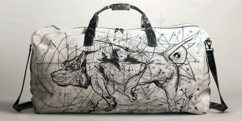 A white bag with a black dog drawing.