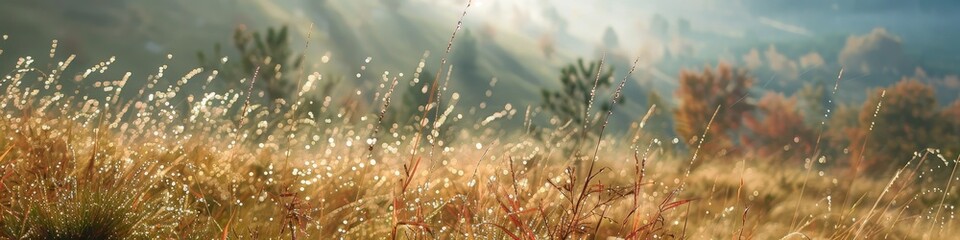 Canvas Print - Morning dew glistening in sunlight on foggy mountains Bright autumn grass field with dew under morning sun rays