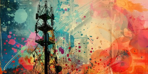 Sticker - Abstract painting with a communications tower.