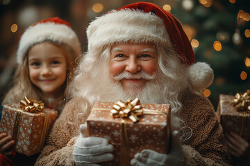 Wall Mural - Santa Claus giving gifts to children in a festive indoor setting, with bright natural lighting and holiday decorations, creating a joyful and festive atmosphere.