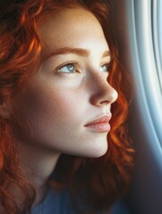 A close-up shot of a woman looking out a window with a contemplative expression