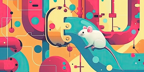 Sticker - White mouse on abstract colorful background.