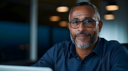 Online video chat, distant discussion, man grinning while presenting to partners and coworkers, businessman using a laptop inside an office while wearing a shirt and glasses