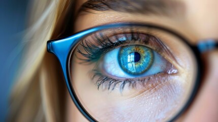 Close up of woman in glasses at eye examination with blurred background, focused view