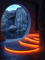 Wall Mural - A circular floor with orange lights on the floor.