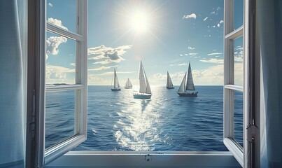 sea view from the window, sailboats on a sunny day, lively and breezy