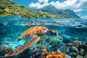 Wall Mural - Great Barrier Reef with sea turtle.