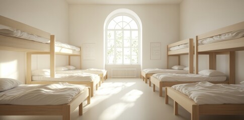 Modern dormitory with wooden beds and white walls.