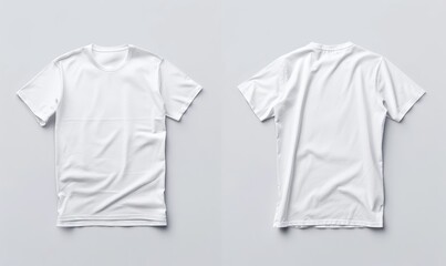 Two white blank t-shirts, front and back view, on a clean background, ideal for branding mockup.