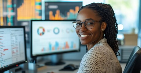 Black woman in an office using two monitors to display data and graphs.