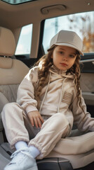 A young girl is sitting in a car wearing a white hat and a white hoodie