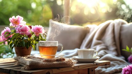 Wall Mural - Cup of Tea on Wooden Table