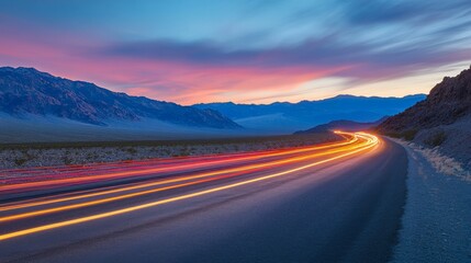 Long exposure of car light trails on road with rocky mountain range.