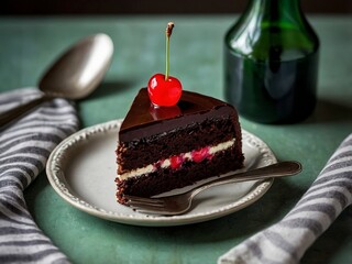 Chocolate Cake with Cherry Garnish on a Plate 