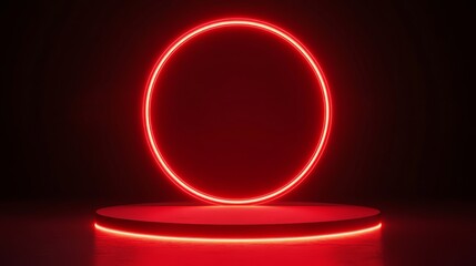 Wall Mural - Red podium with glowing neon light ring on dark background for a product presentation mock up.	