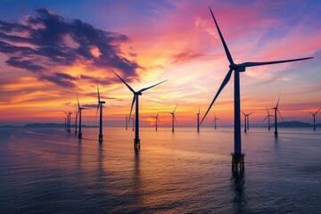 A wide-angle drone photograph of a massive offshore wind farm at sunset, showcasing the turbines silhouetted against a vibrant sky of orange, pink, and purple hues.