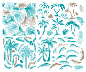 Wall Mural - Sketch tropical palm trees. Hand drawn vintage Hawaii beach palms, Set of palm trees and palm leaves . Hand drawing. Not AI, Vector illustration.