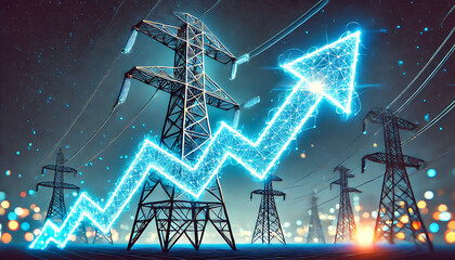 Rising Electricity Prices Concept with Power Lines and Upward Arrow, Symbolizing Energy Cost Increases