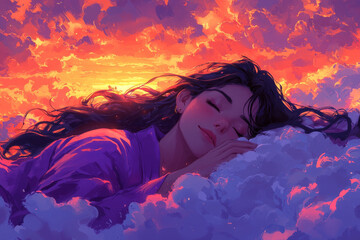 Wall Mural - A Beautiful Woman Sleeping on a Cloud Above a Tranquil Landscape at Sunset.