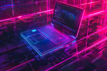 Wall Mural - A laptop is displayed in a neon pink and purple background, generative ai.