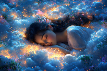 Wall Mural - A Beautiful Woman Sleeping on a Cloud Above a Tranquil Landscape at Sunset.