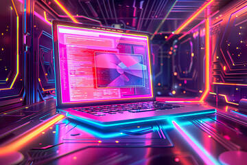 A laptop is displayed in a neon pink and purple background, generative ai.